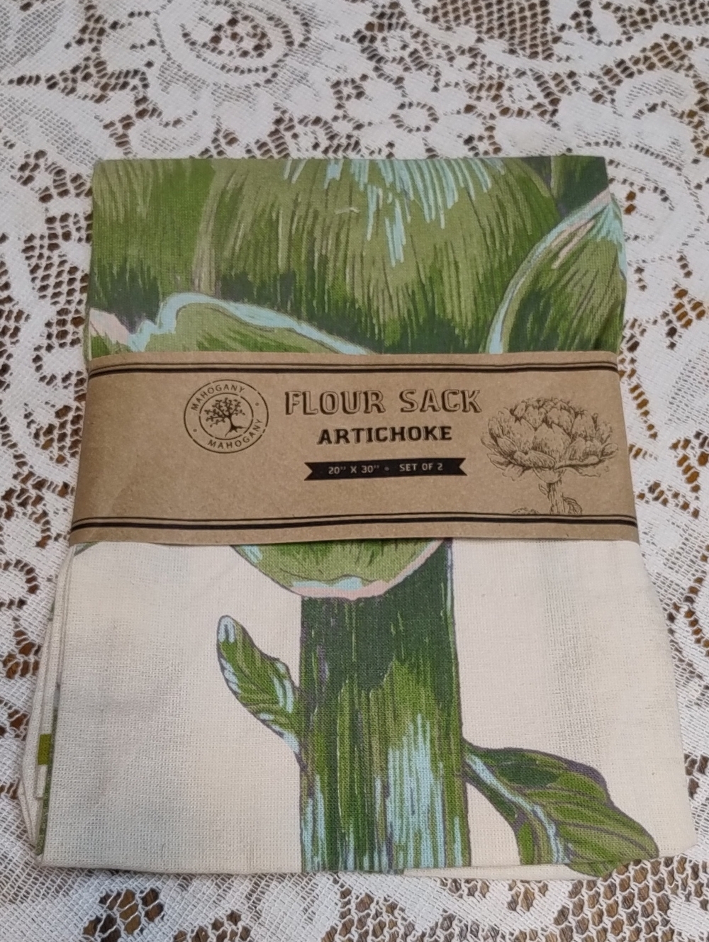 Mahogany Artichoke Flour Sack Kitchen Towels - Green and Cream
